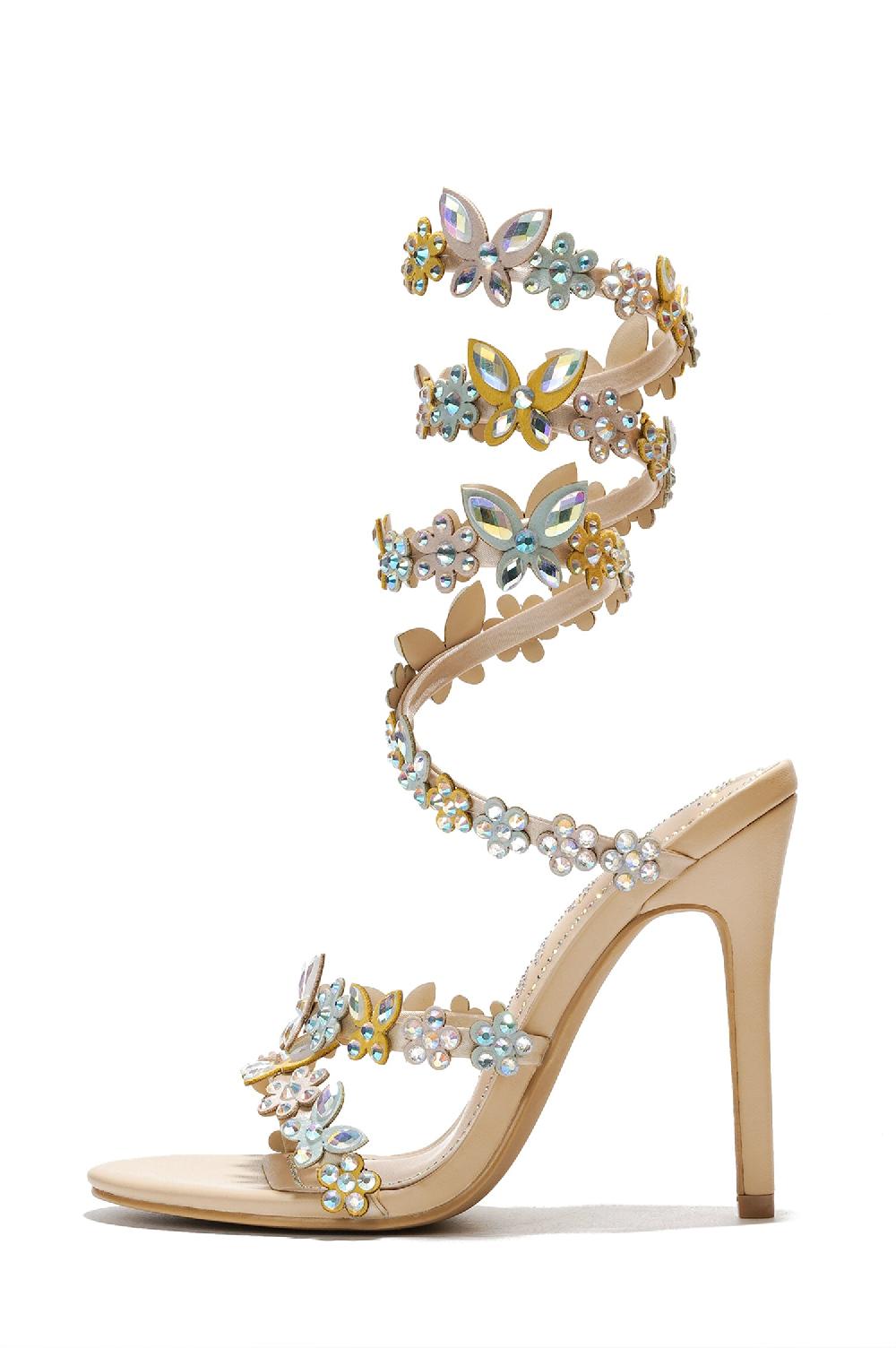 Cape Robbin Chastity Rhinestone Floral Embellished Stiletto High Heel Sandals - Beige