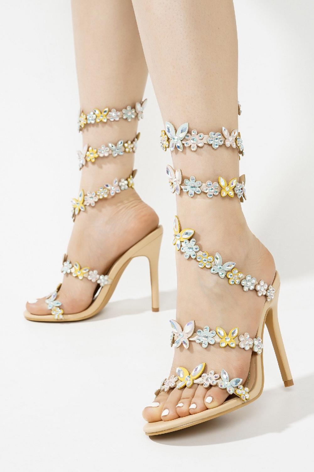 Cape Robbin Chastity Rhinestone Floral Embellished Stiletto High Heel Sandals - Beige