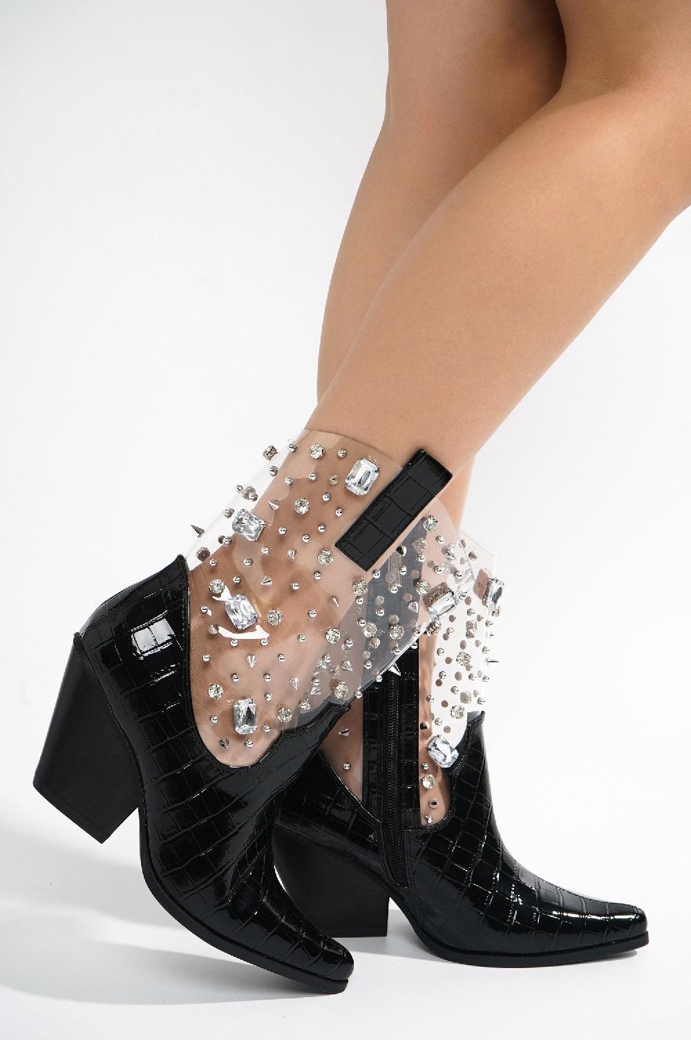 Cape Robbin Chriena Rhinestone & Gem Western Croc Boots - Black