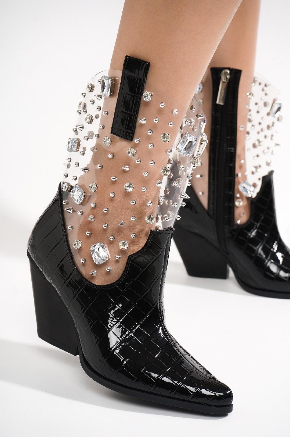 Cape Robbin Chriena Rhinestone & Gem Western Croc Boots - Black