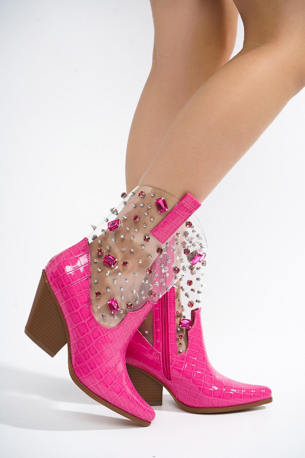 Cape Robbin Chriena Rhinestone & Gem Western Croc Boots - Pink