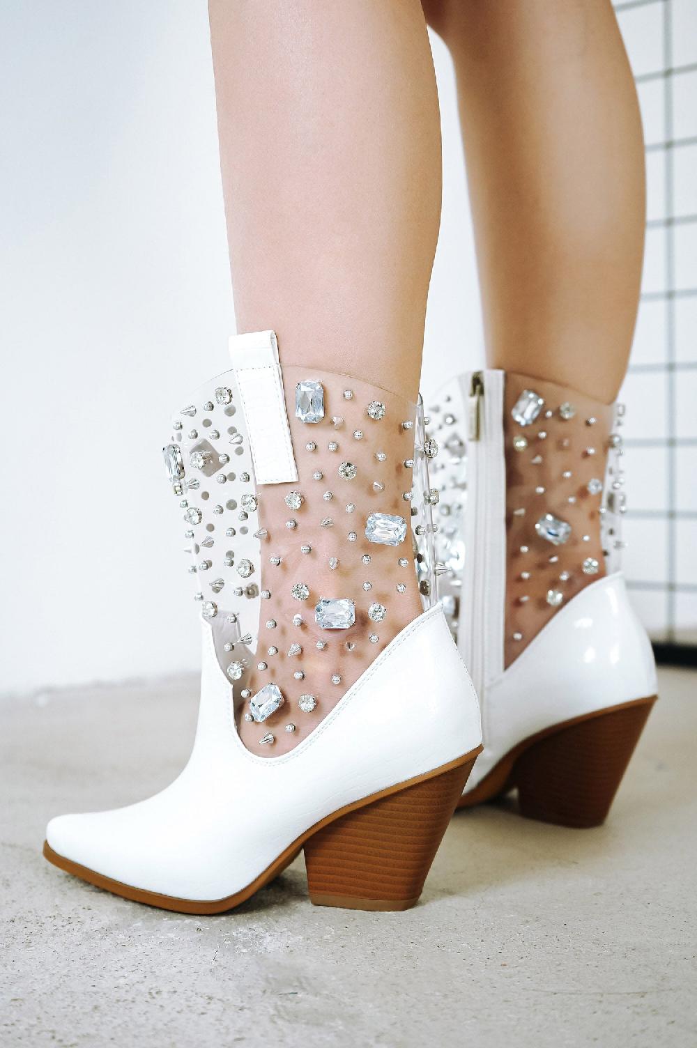 cape robbin Chriena Rhinestone & Gem Western Croc Boots - White