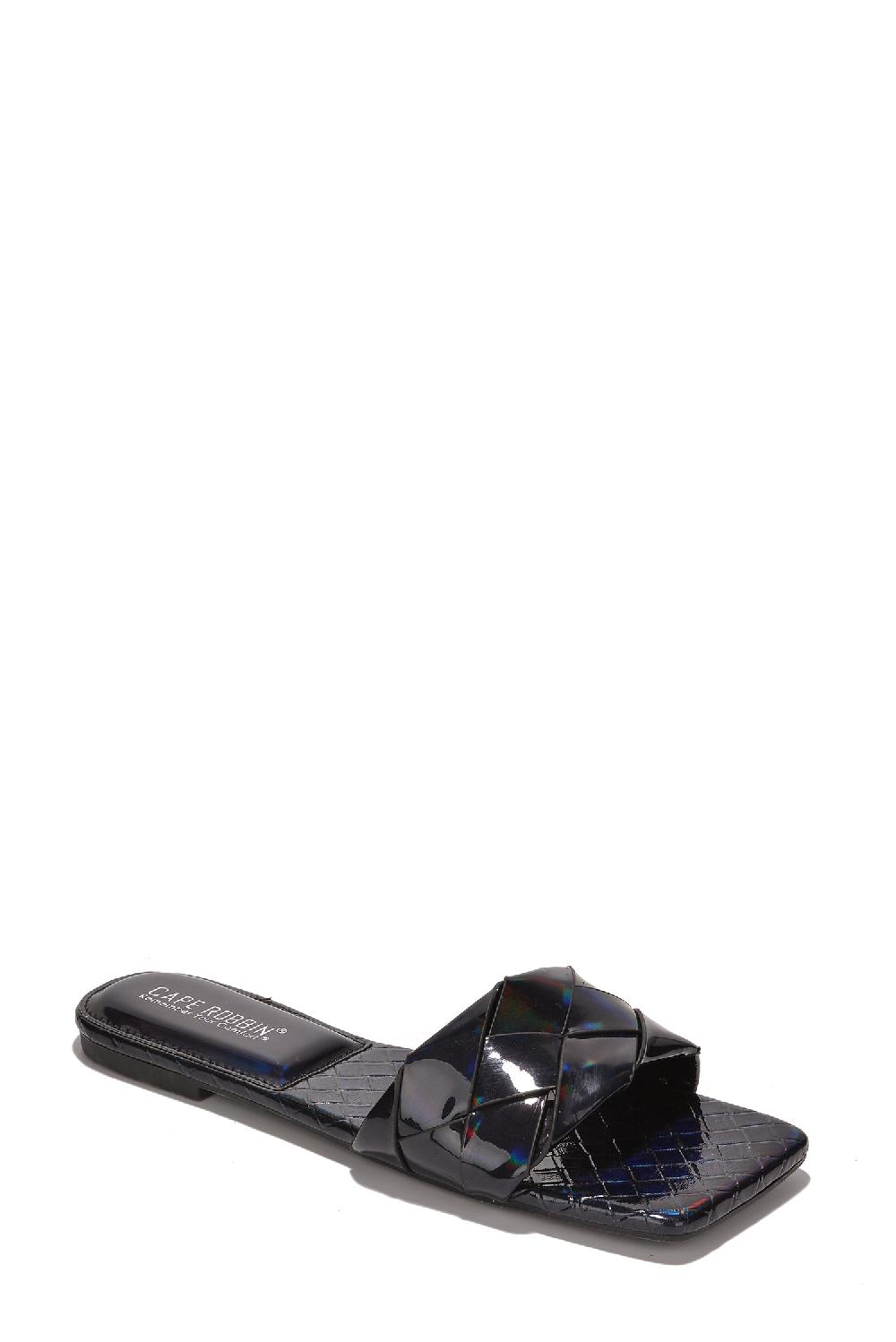 Cape Robbin Clara Metallic Square Toe Flat Sandals - Black
