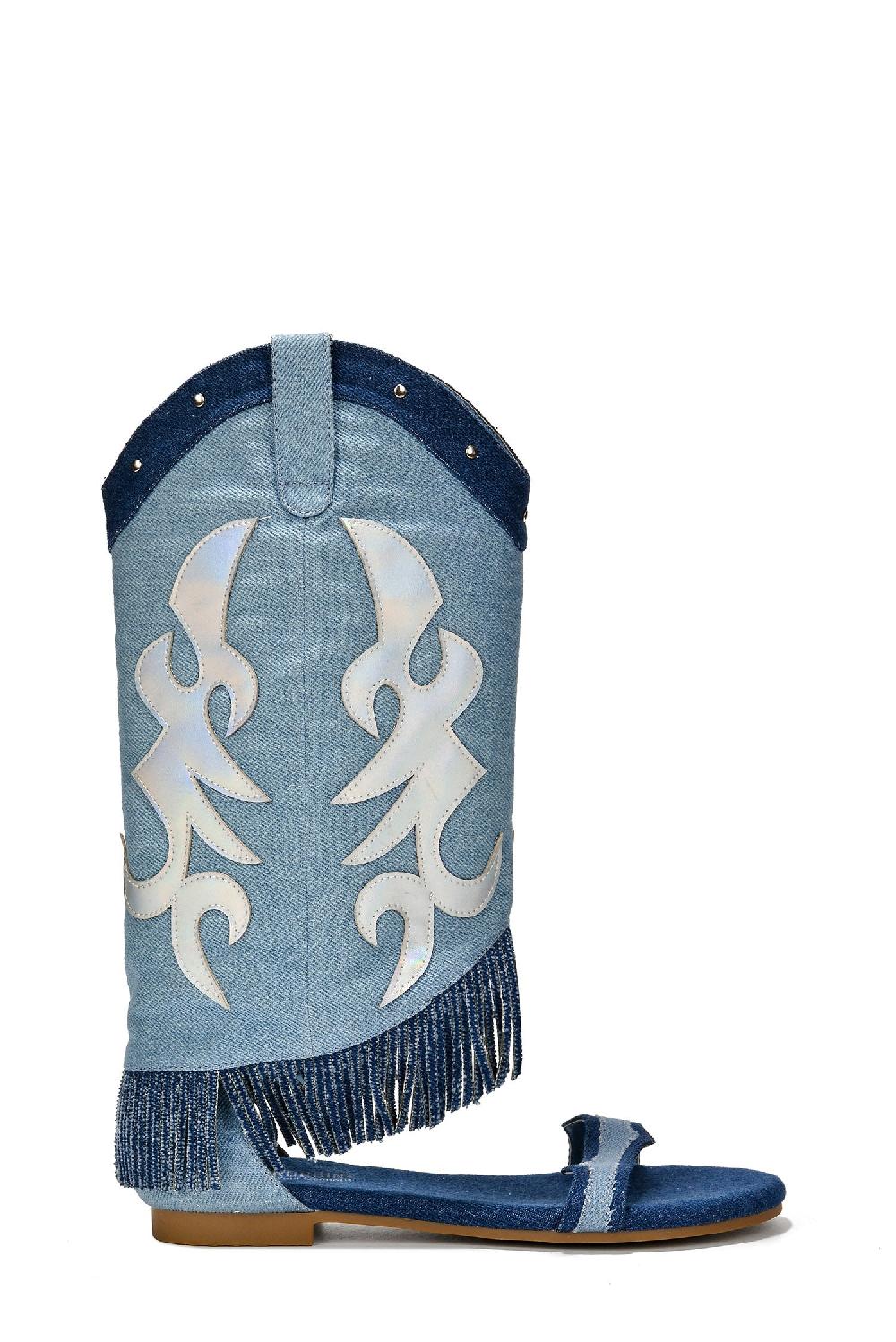 Cape Robbin Collins Fringe Western-Inspired Flat Sandals - Denim