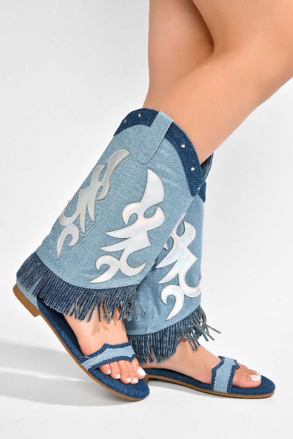 Cape Robbin Collins Fringe Western-Inspired Flat Sandals - Denim
