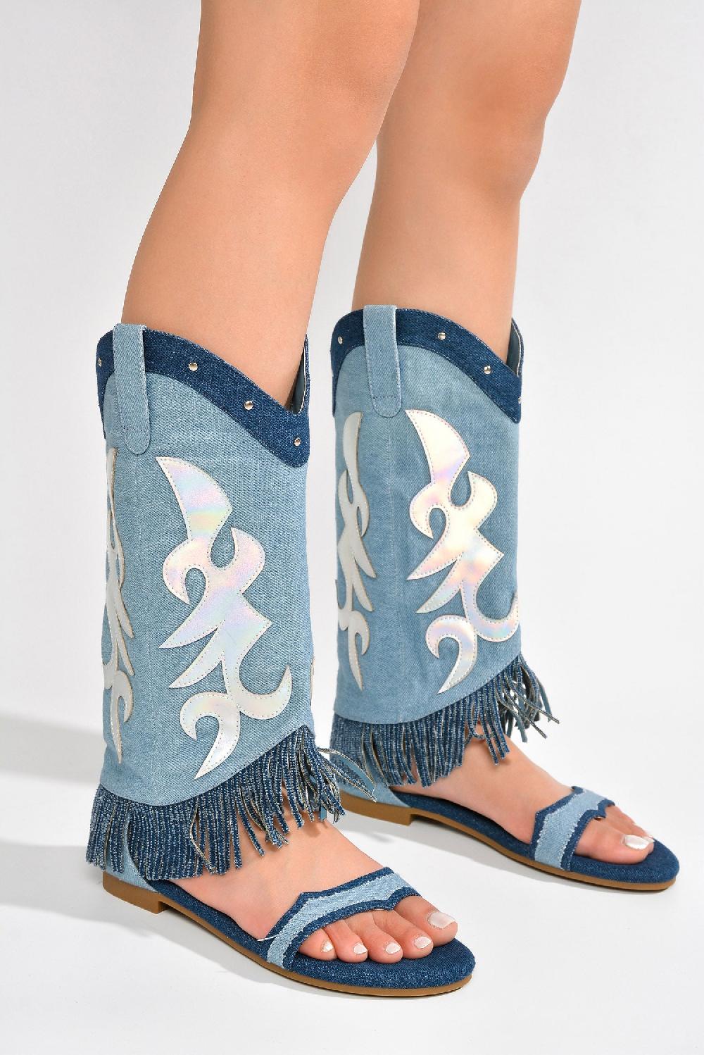 Cape Robbin Collins Fringe Western-Inspired Flat Sandals - Denim