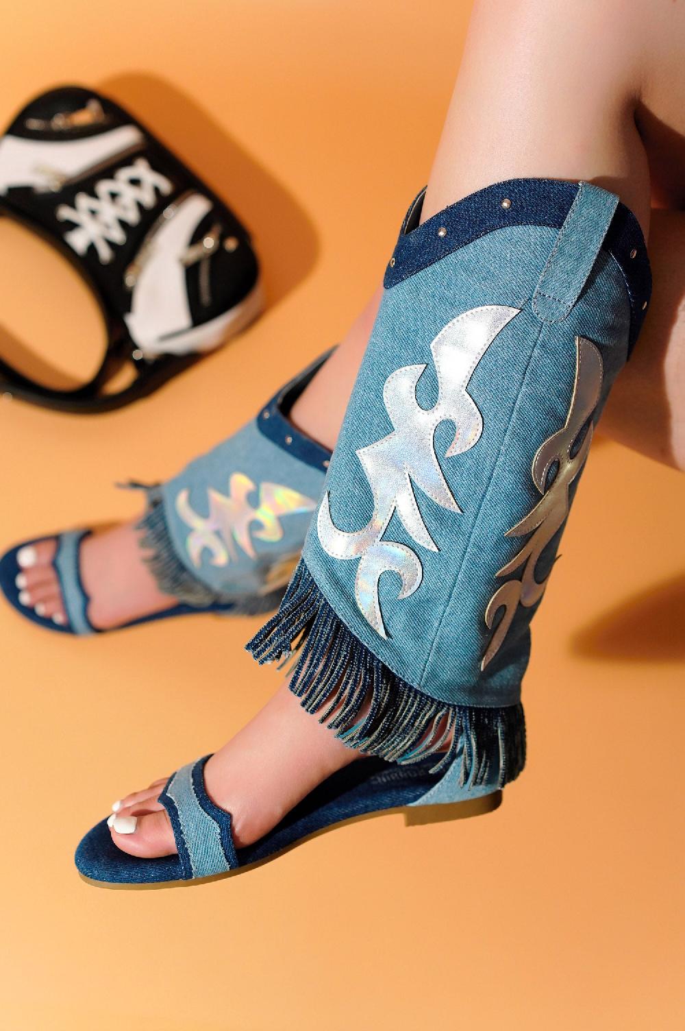 cape robbin Collins Fringe Western-Inspired Flat Sandals - Denim