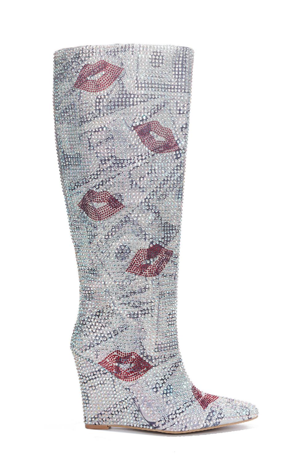 Cape Robbin Coraline Rhinestone-Coated Thigh High Boots - Print