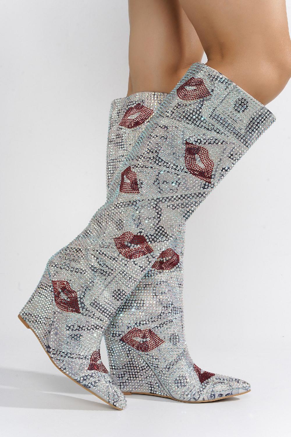 Cape Robbin Coraline Rhinestone-Coated Thigh High Boots - Print