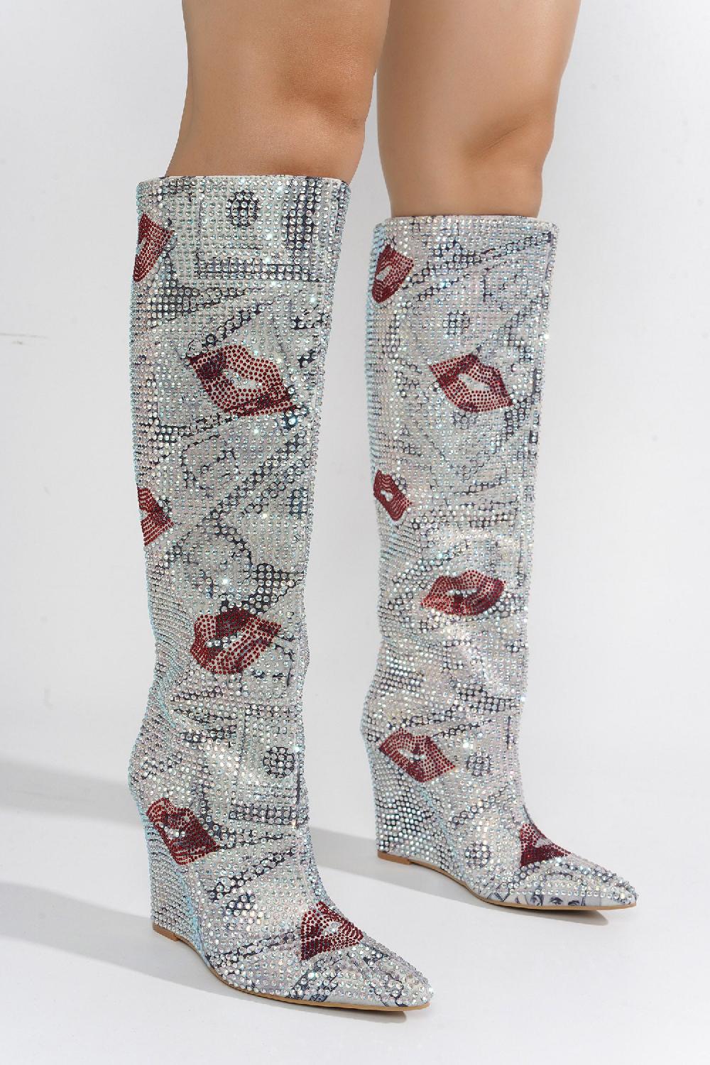 Cape Robbin Coraline Rhinestone-Coated Thigh High Boots - Print