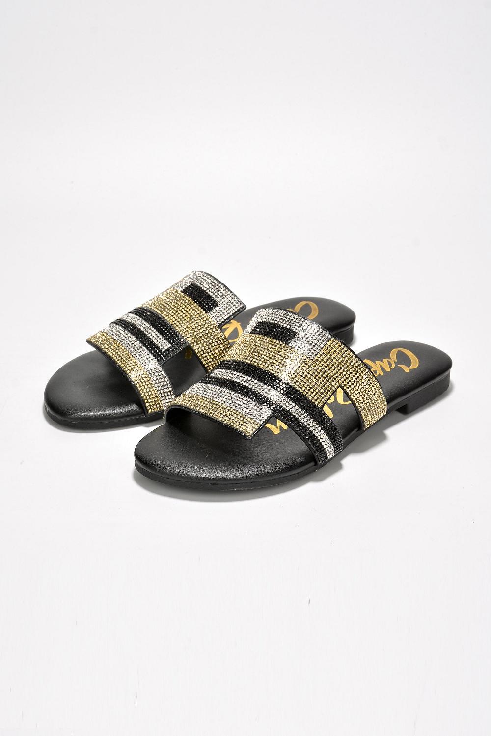 Cape Robbin Cordelia Rhinestone Coated Round Toe Flat Sandals - Black