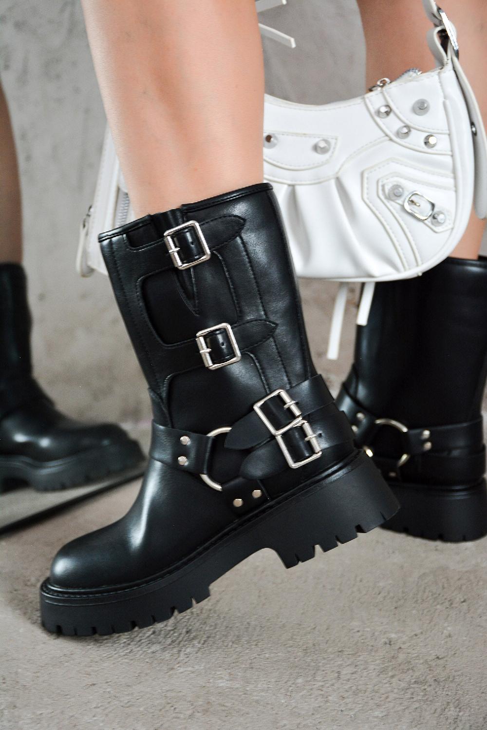 cape robbin Cordova Buckle Block Heel Ankle Booties - Black