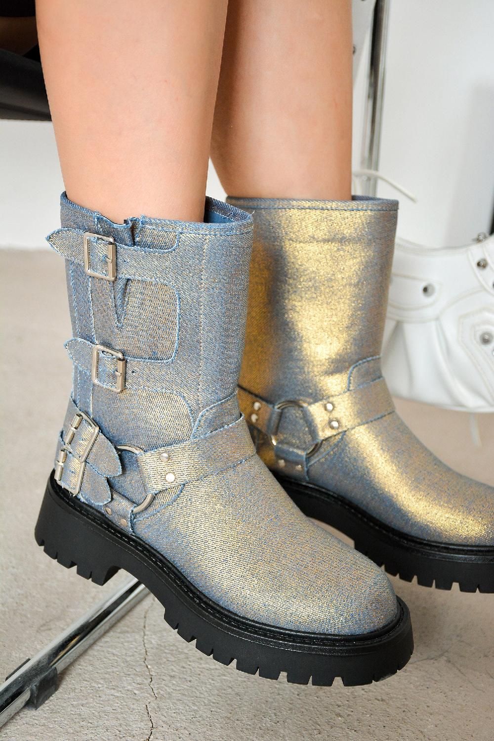 cape robbin Cordova Buckle Block Heel Ankle Booties - Gold