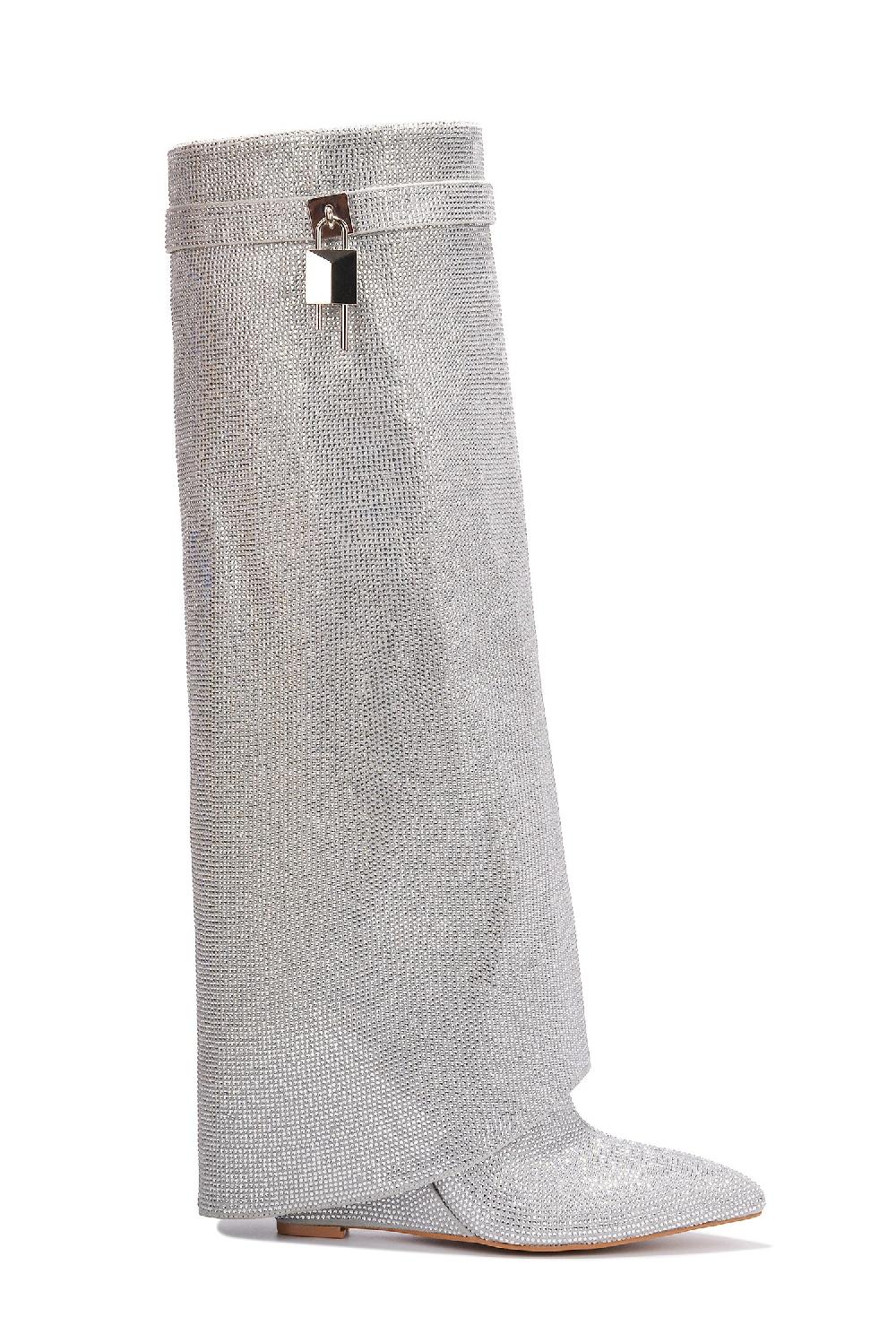Cape Robbin Crara Fold Over Rhinestone Boots - Silver
