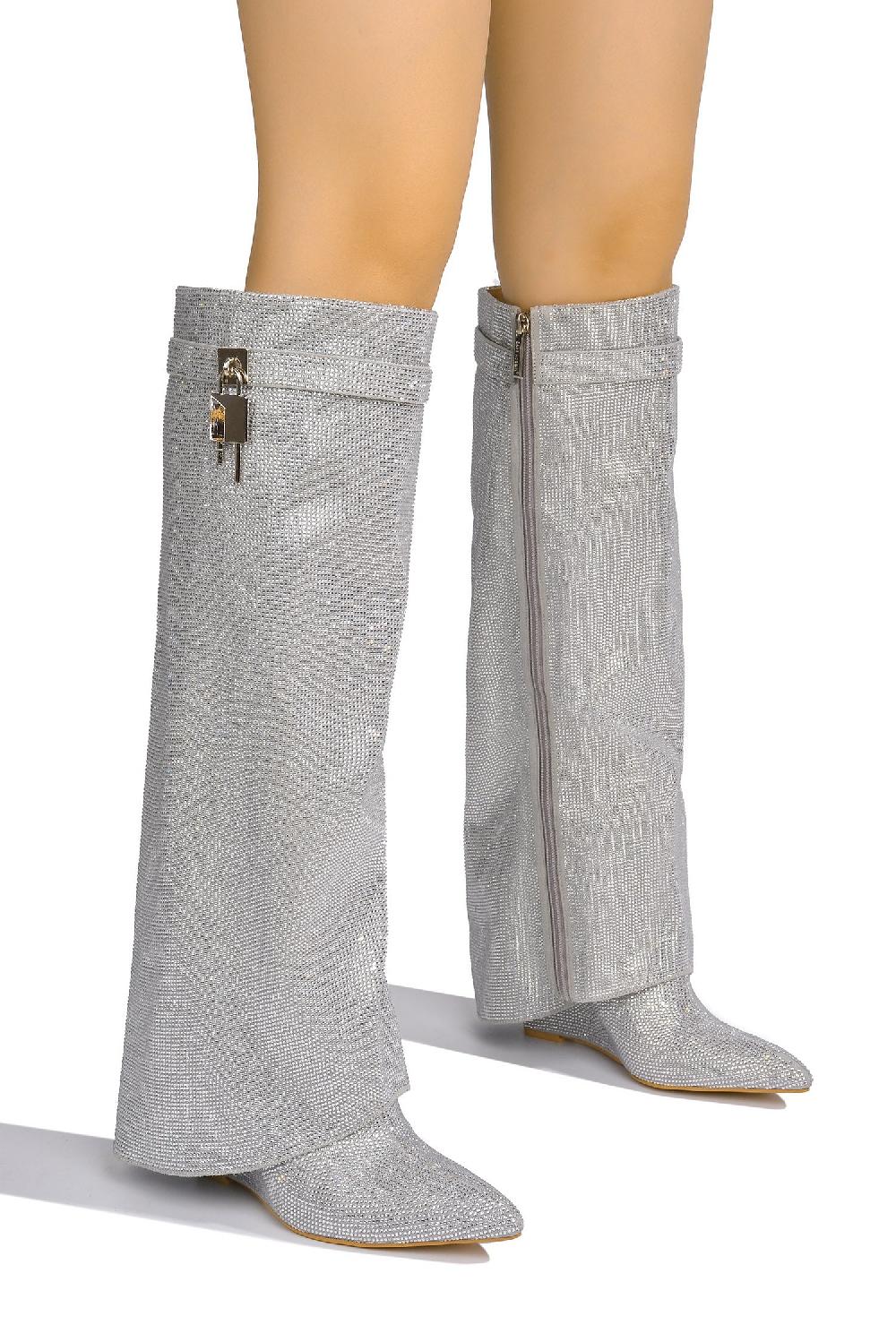 Cape Robbin Crara Fold Over Rhinestone Boots - Silver