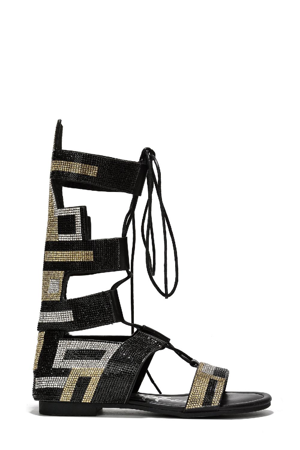 Cape Robbin Cruella Multicolor Lace Up Gladiator Flats - Black