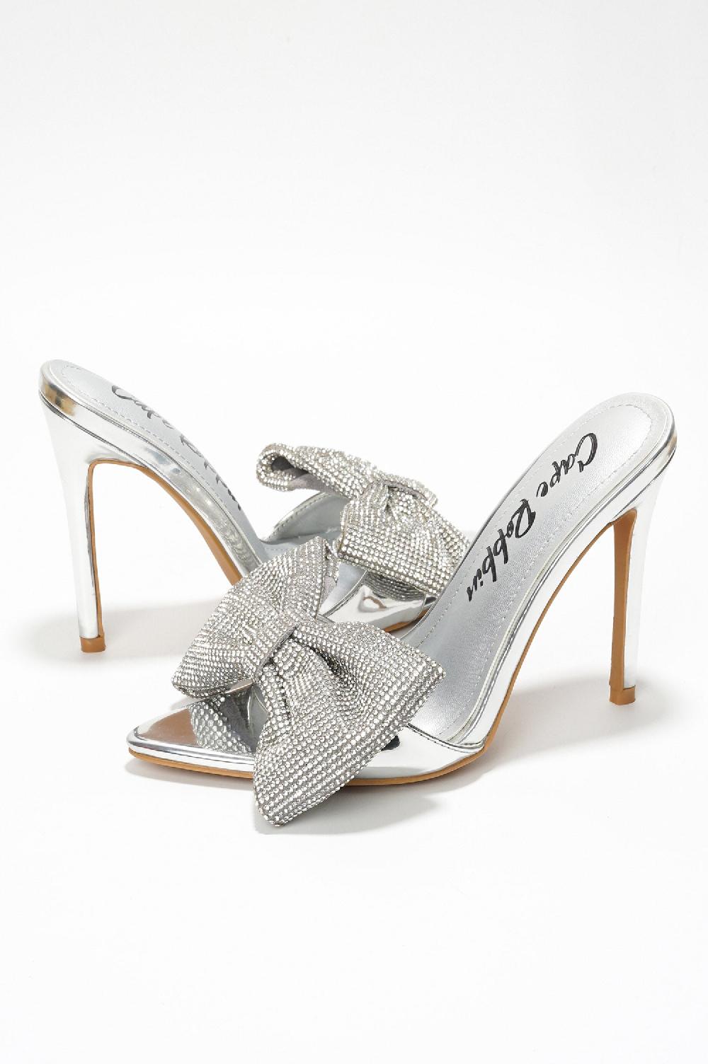 Cape Robbin Dania Sparkling Rhinestone Bow Stiletto Heels - Silver