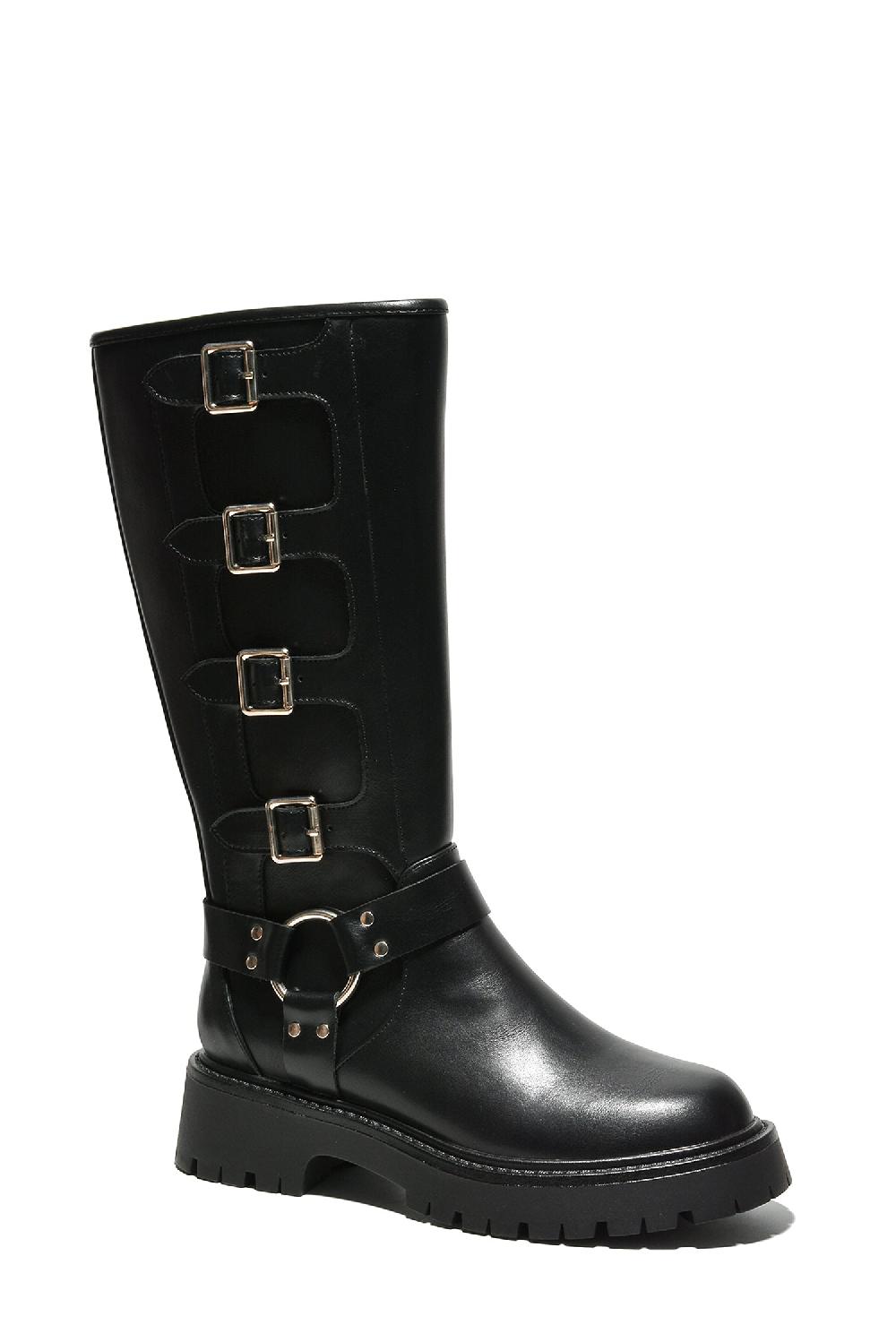 Cape Robbin Dayton Square Toe Buckle Calf Length Boots - Black