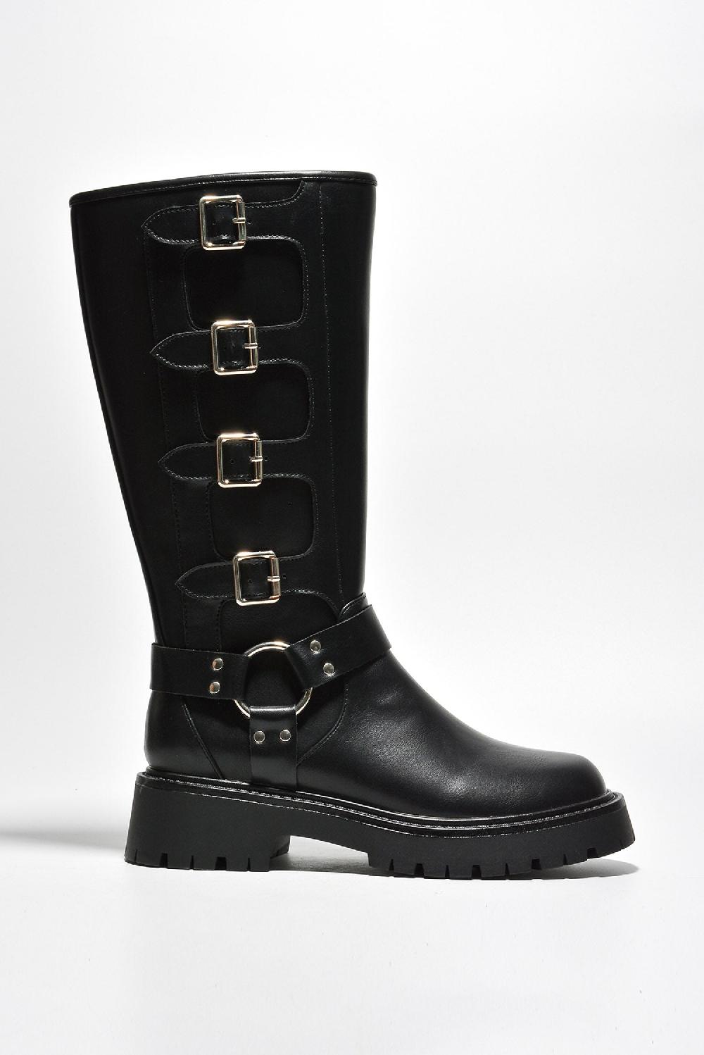Cape Robbin Dayton Square Toe Buckle Calf Length Boots - Black