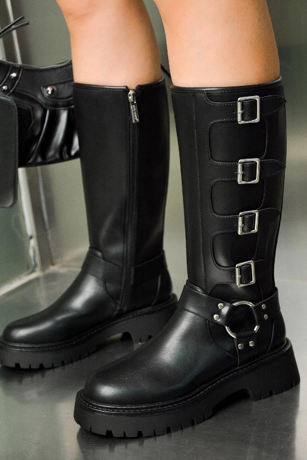 cape robbin Dayton Square Toe Buckle Calf Length Boots - Black