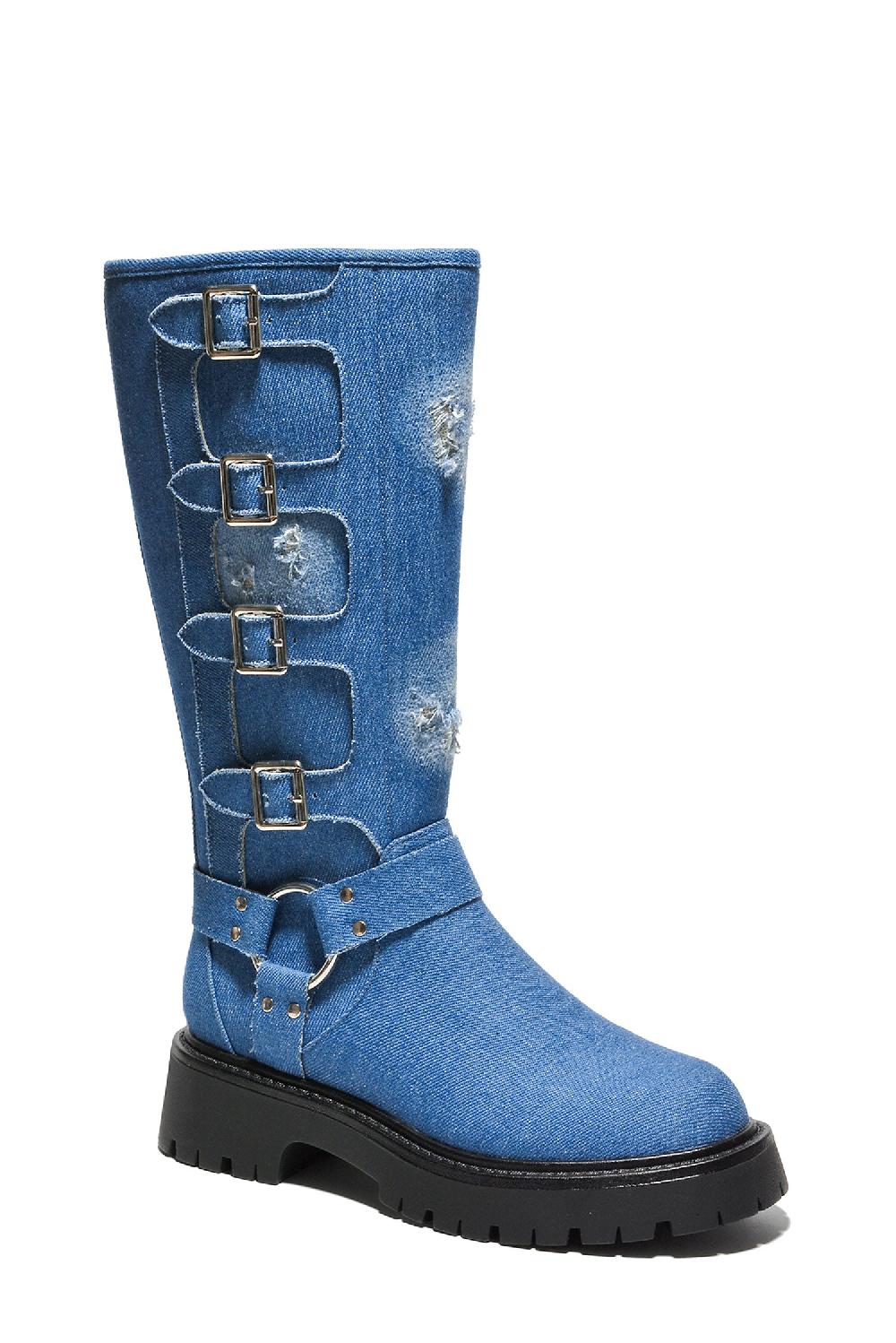 Cape Robbin Dayton Square Toe Buckle Calf Length Boots - Denim
