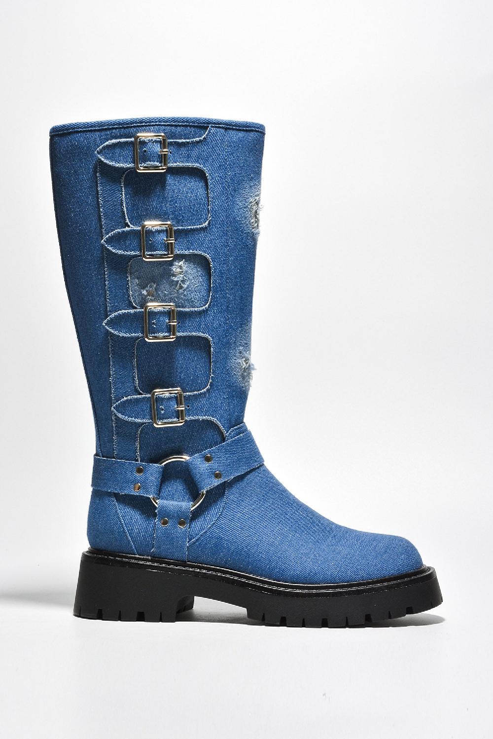 Cape Robbin Dayton Square Toe Buckle Calf Length Boots - Denim