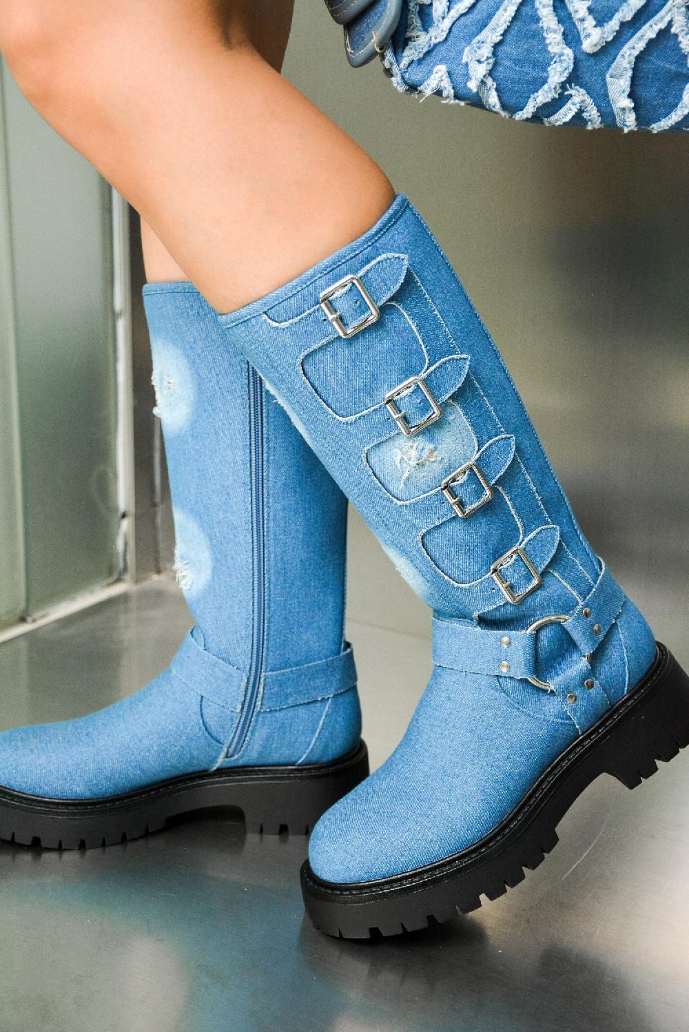 cape robbin Dayton Square Toe Buckle Calf Length Boots - Denim