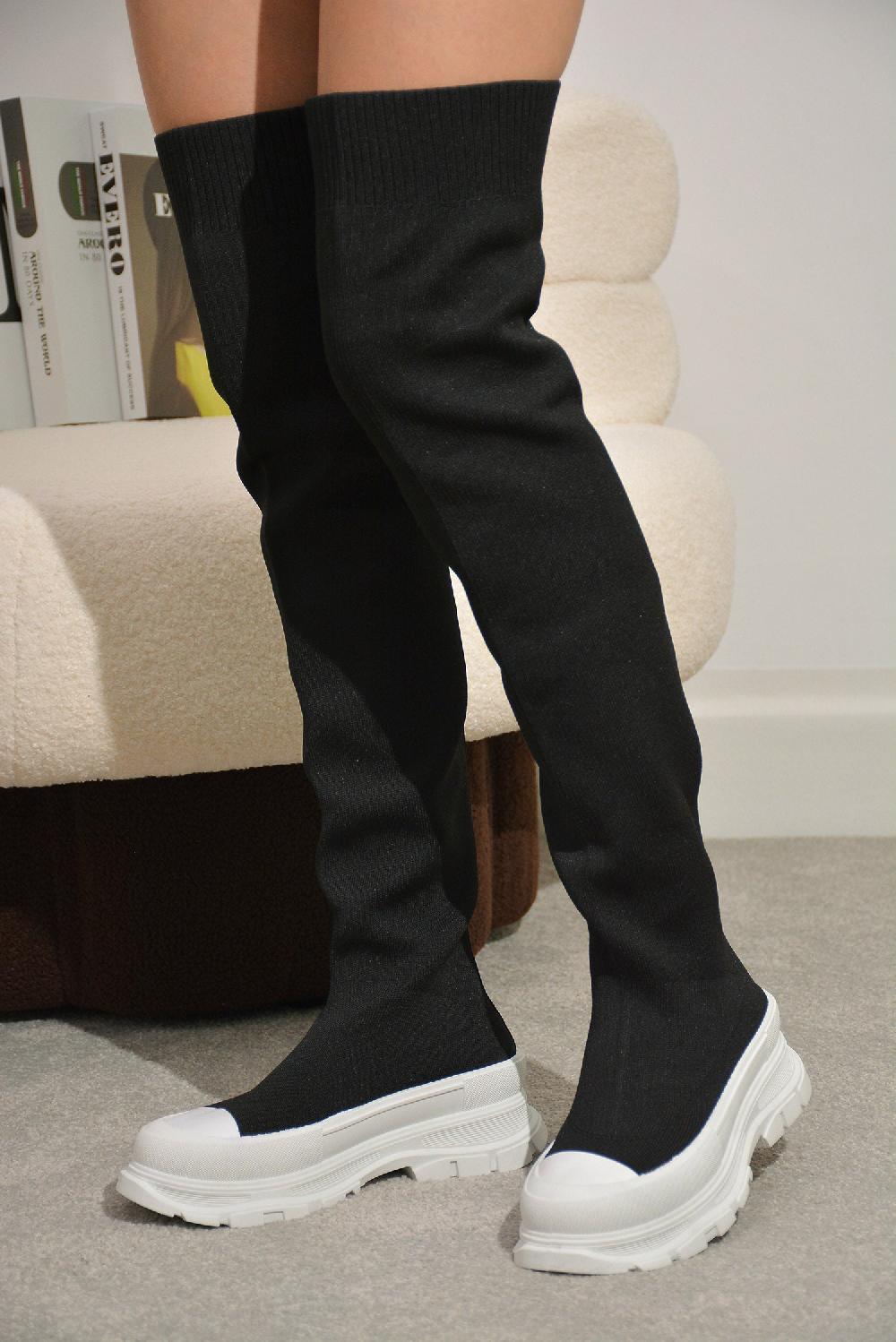 cape robbin Deky Round Toe Thigh High Sock Boots - Black