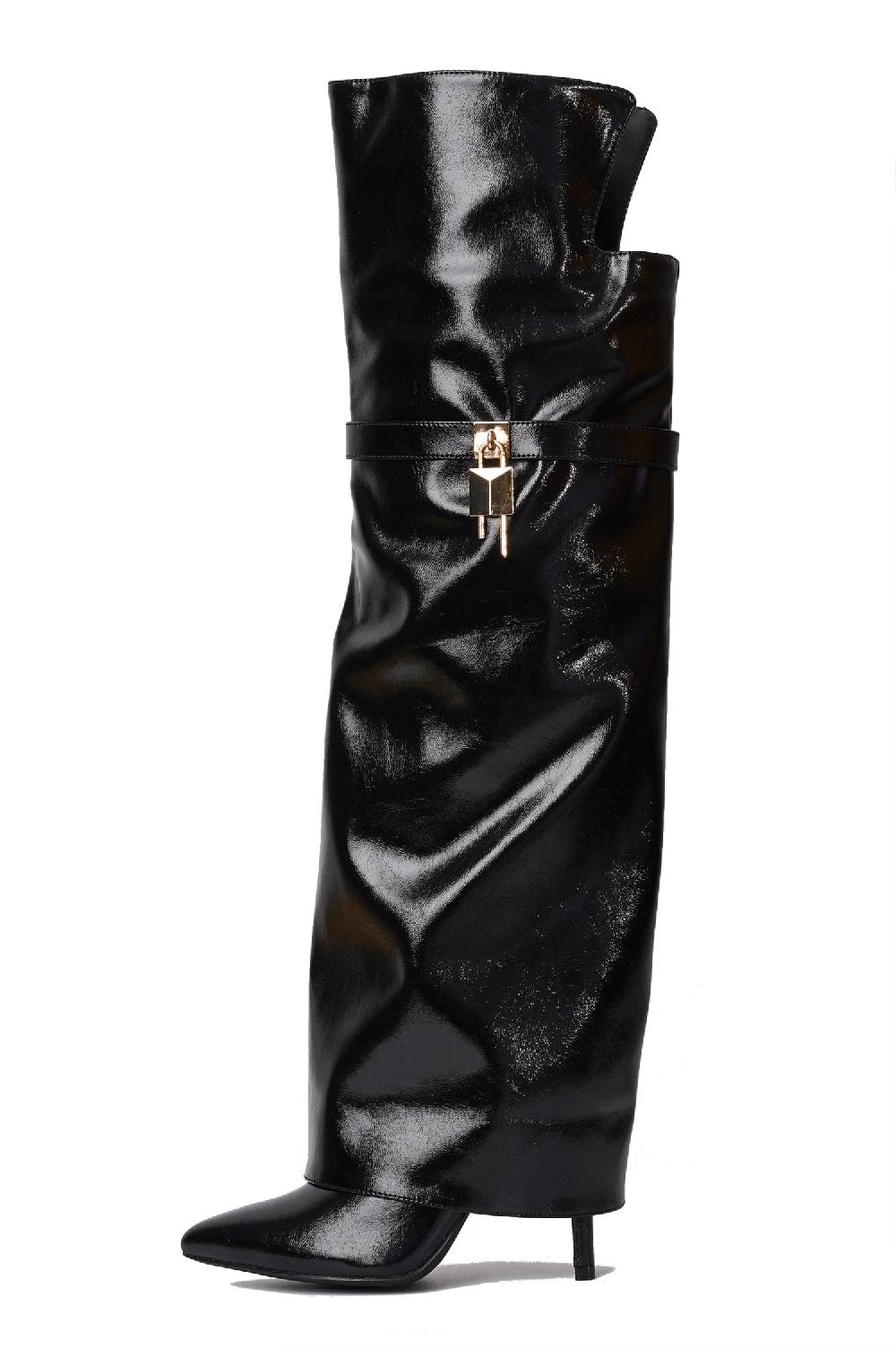 Cape Robbin Dollie Fold-over Glossy Patent Leather Thigh High Boots - Black