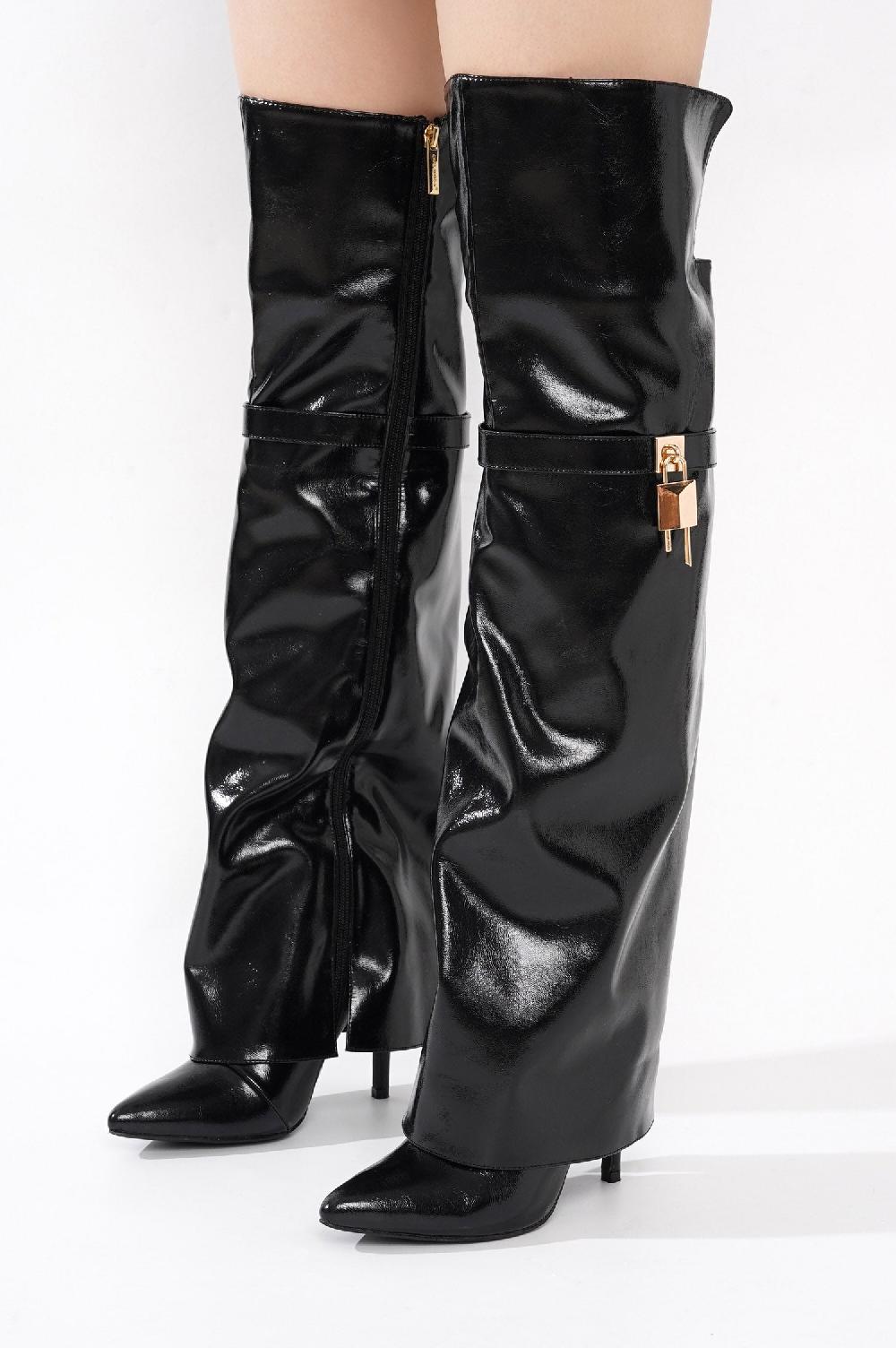 Cape Robbin Dollie Fold-over Glossy Patent Leather Thigh High Boots - Black
