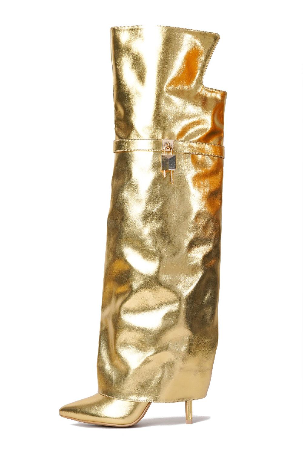 Cape Robbin Dollie Fold-over Glossy Patent Leather Thigh High Boots - Gold