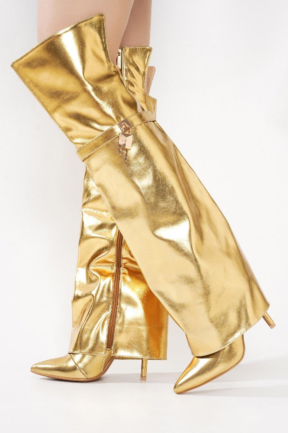 Cape Robbin Dollie Fold-over Glossy Patent Leather Thigh High Boots - Gold