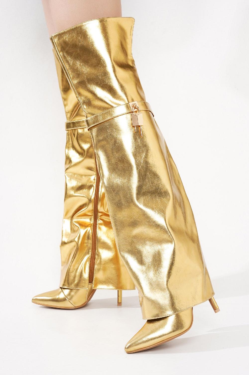 Cape Robbin Dollie Fold-over Glossy Patent Leather Thigh High Boots - Gold