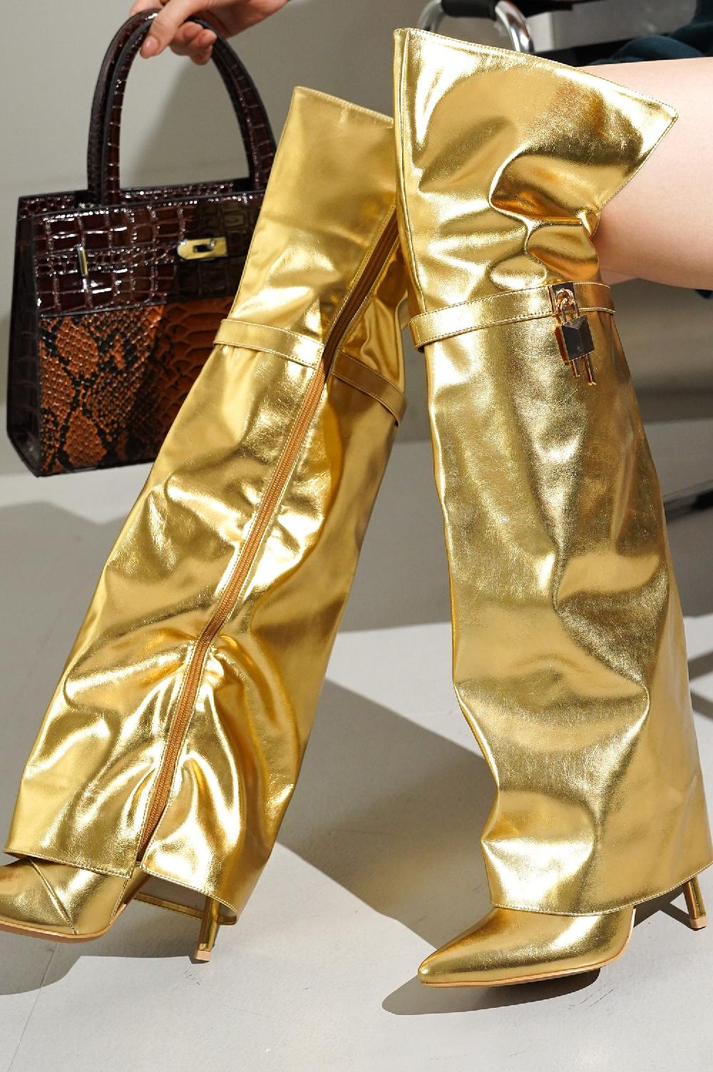 cape robbin Dollie Fold-over Glossy Patent Leather Thigh High Boots - Gold