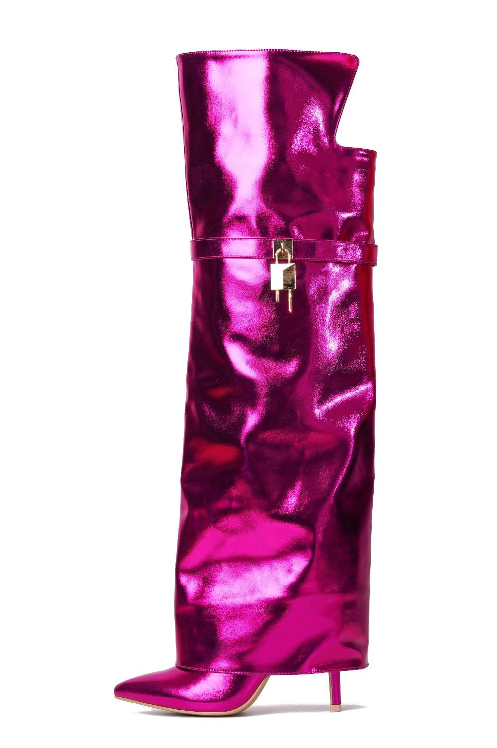 Cape Robbin Dollie Fold-over Glossy Patent Leather Thigh High Boots - Fuchsia