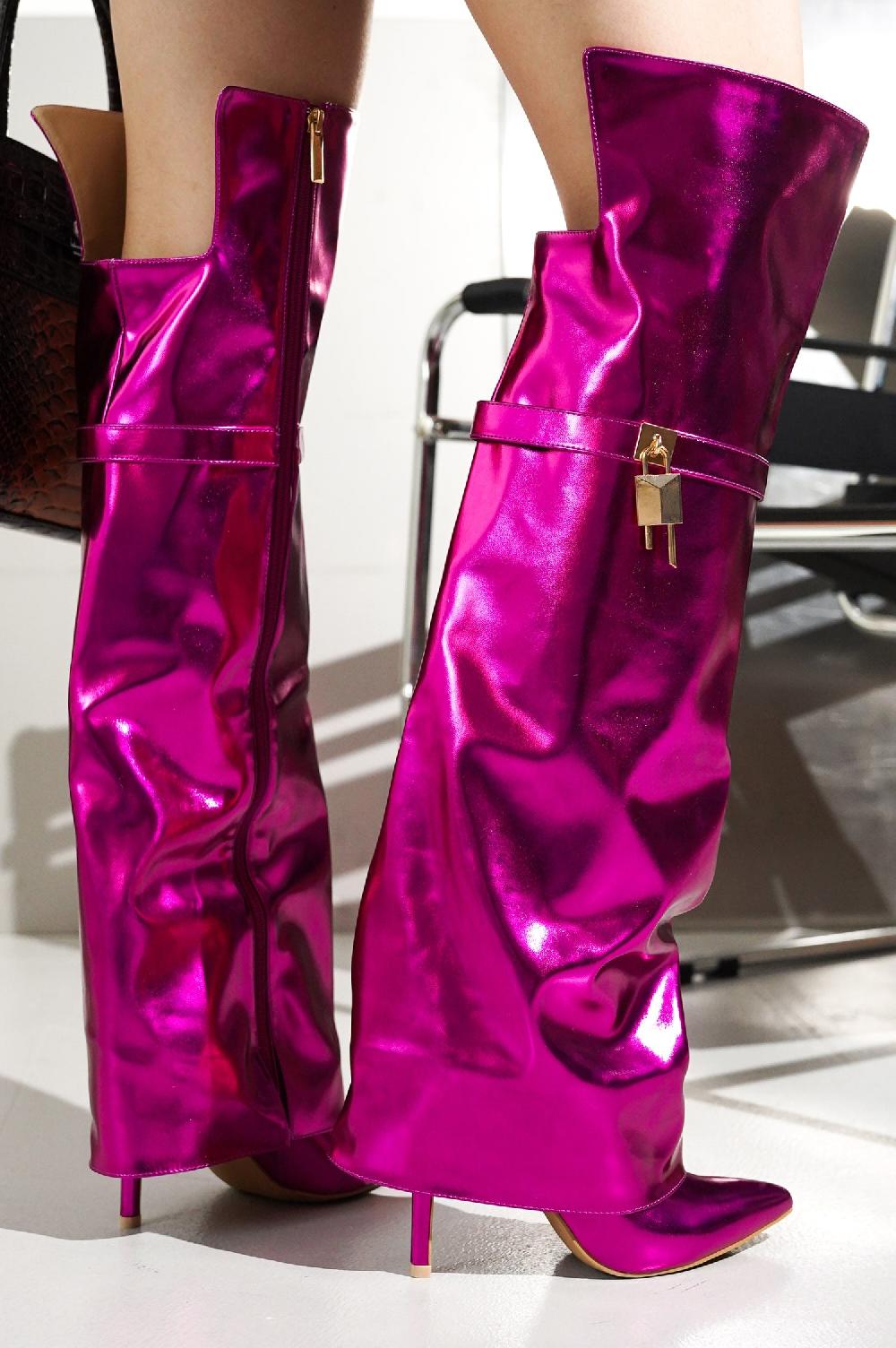 cape robbin Dollie Fold-over Glossy Patent Leather Thigh High Boots - Fuchsia
