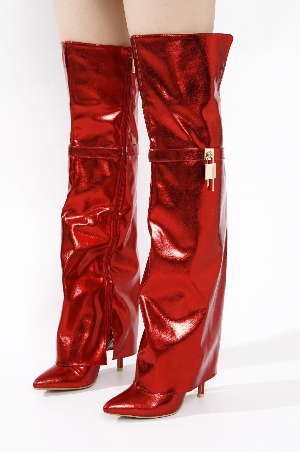 Cape Robbin Dollie Fold-over Glossy Patent Leather Thigh High Boots - Red