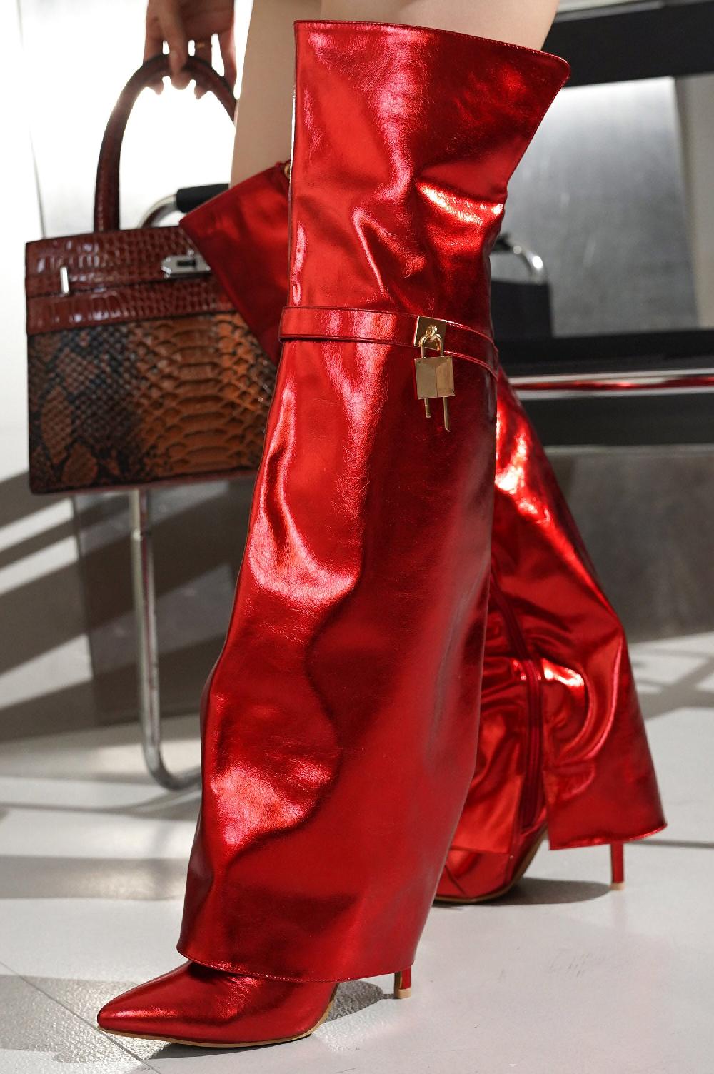 cape robbin Dollie Fold-over Glossy Patent Leather Thigh High Boots - Red