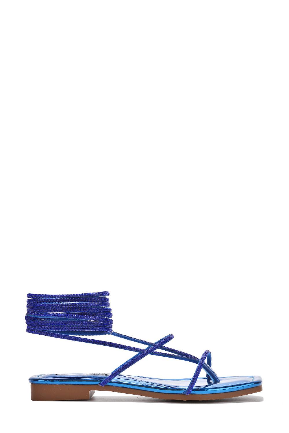 Cape Robbin Dolphin Rhinestone Lace Up Square Toe Sandals - Blue