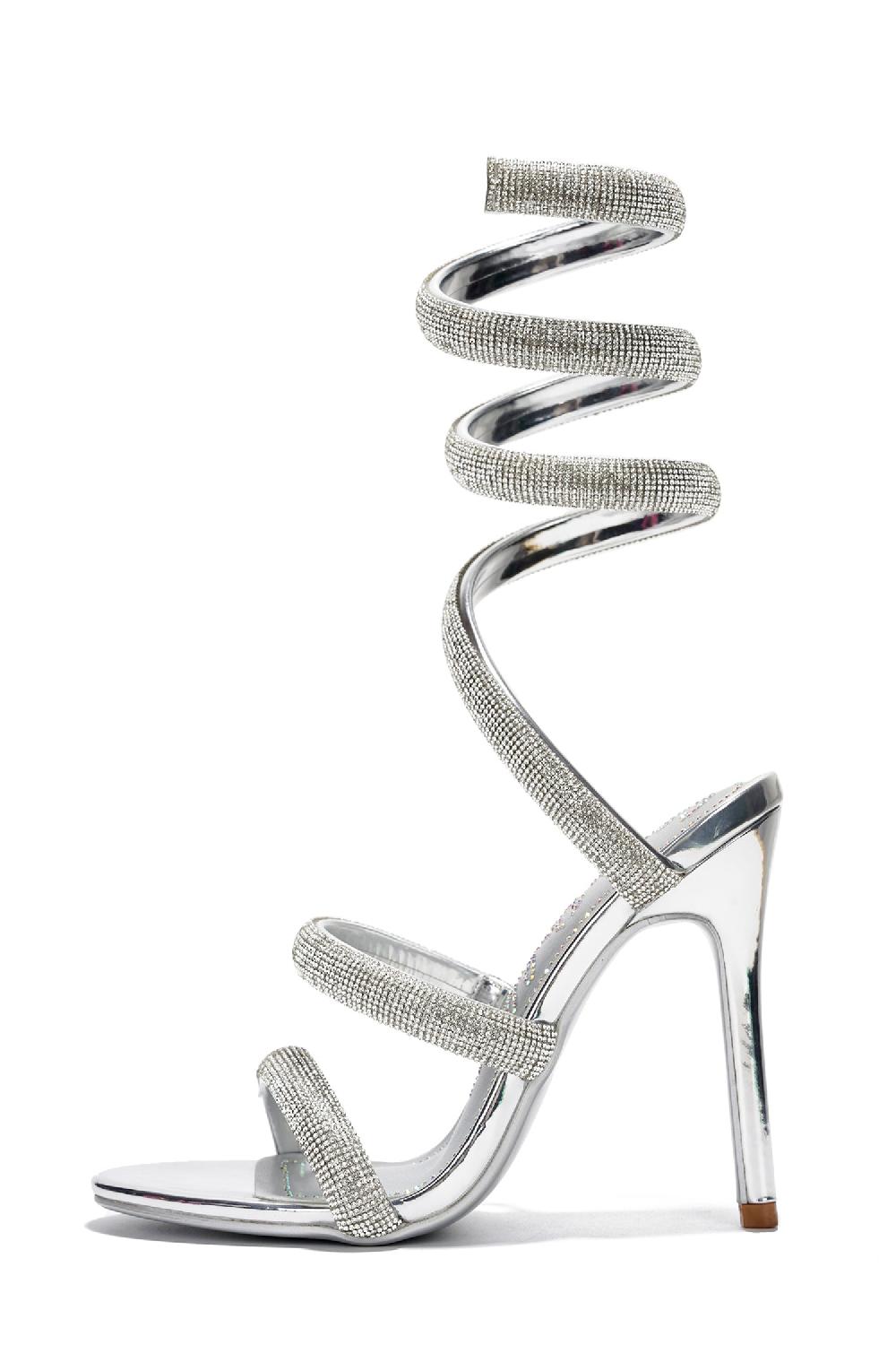 Cape Robbin Dyana Shimmering Wraparound Strappy Stiletto Heels - Silver