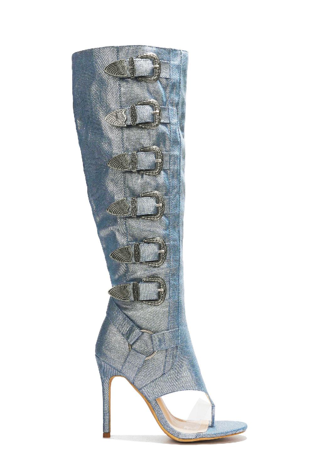 Cape Robbin Elarahh Belt Buckle Open Round Toe Heel Boots - Denim
