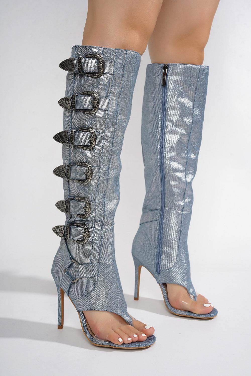 Cape Robbin Elarahh Belt Buckle Open Round Toe Heel Boots - Denim