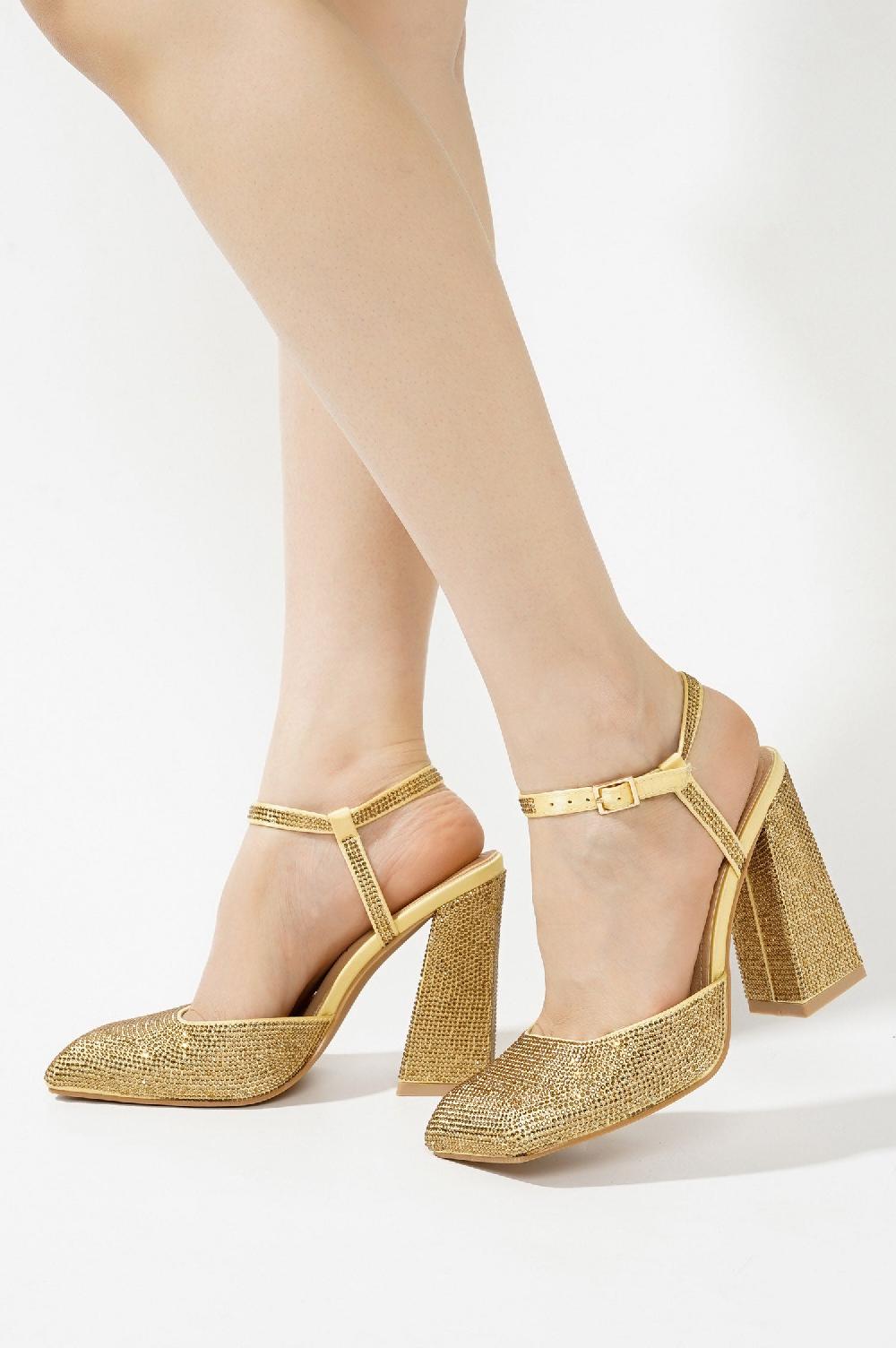 Cape Robbin Emelia Rhinestone Embellished Block Heels - Gold