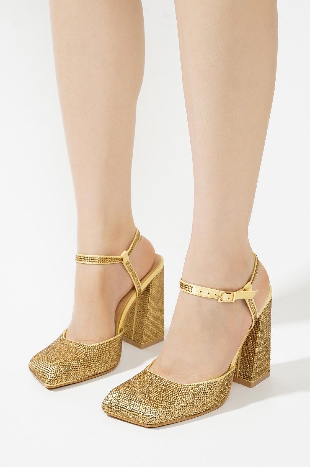 Cape Robbin Emelia Rhinestone Embellished Block Heels - Gold