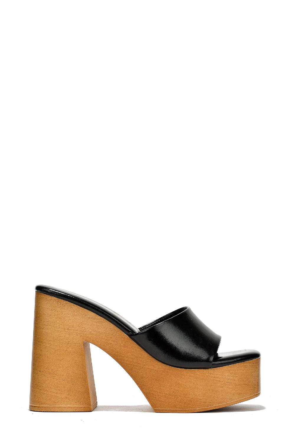 Cape Robbin Enisle Cork Metallic Shine High Block Heels - Black