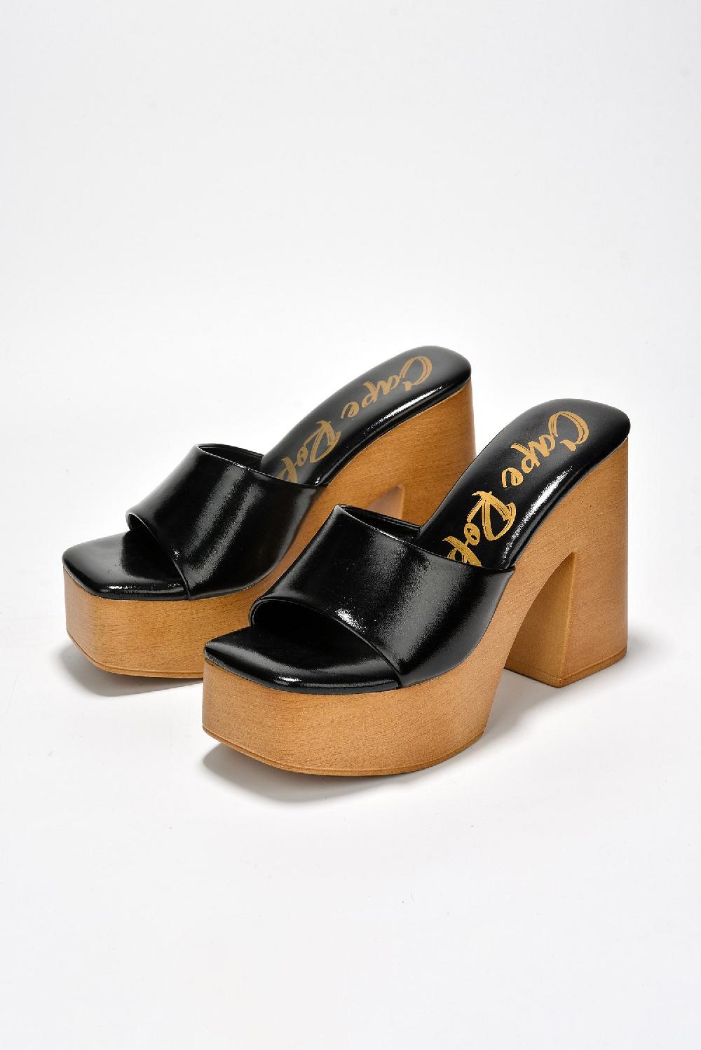 Cape Robbin Enisle Cork Metallic Shine High Block Heels - Black