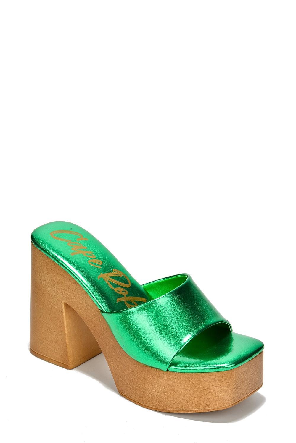 Cape Robbin Enisle Cork Metallic Shine High Block Heels - Green