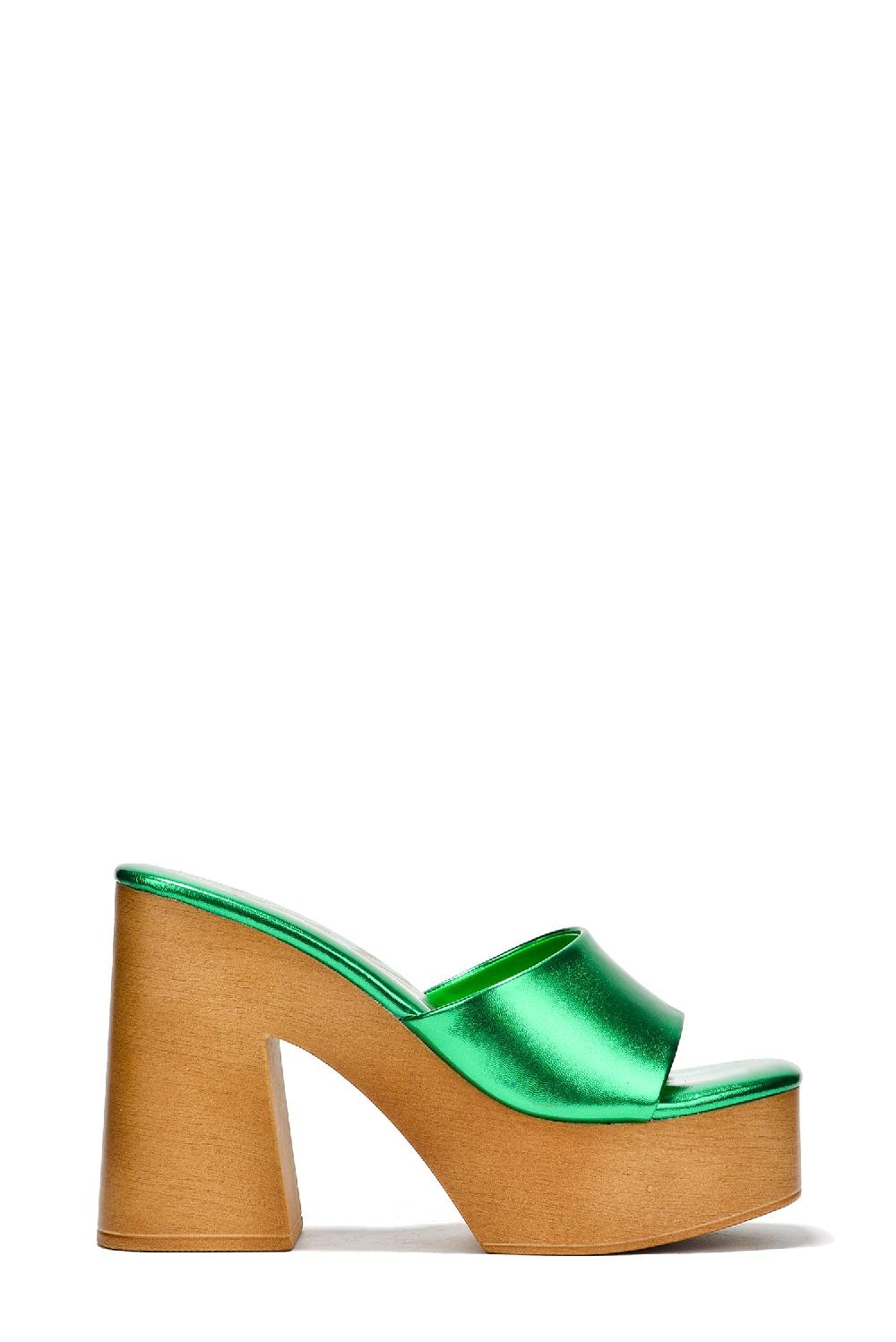 Cape Robbin Enisle Cork Metallic Shine High Block Heels - Green