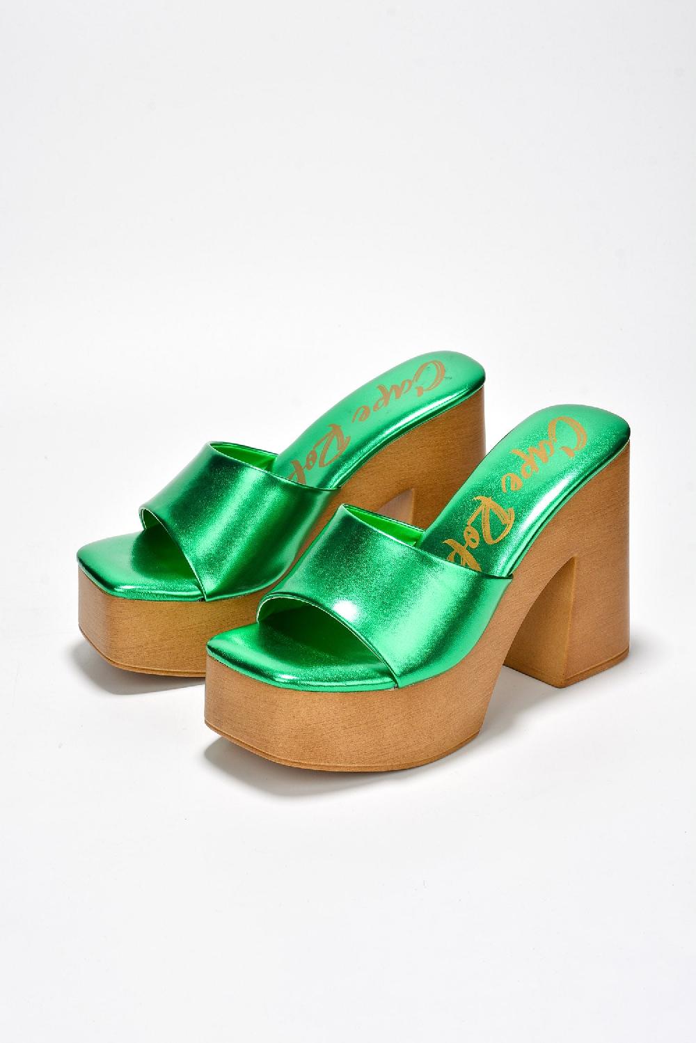 Cape Robbin Enisle Cork Metallic Shine High Block Heels - Green