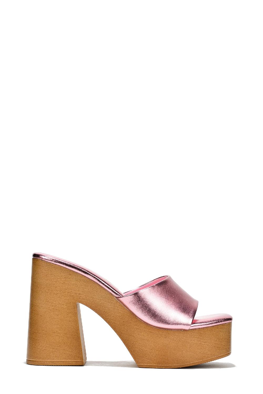 Cape Robbin Enisle Cork Metallic Shine High Block Heels - Pink